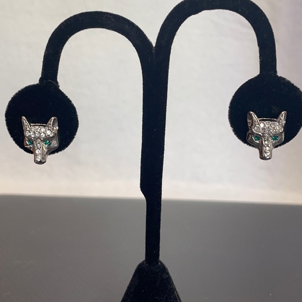Fox silver tone earrings pierced with crystals